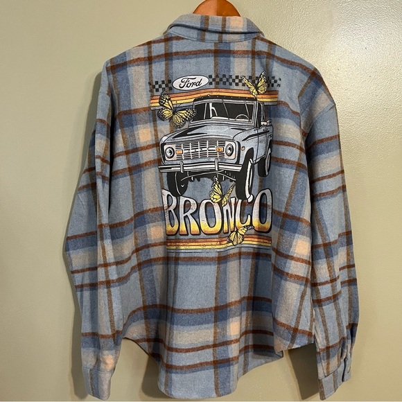 Ford Plaid Thick Front Pockets Shacket Button Up Shirt Jacket Back Graphic L NWT - Picture 1 of 10